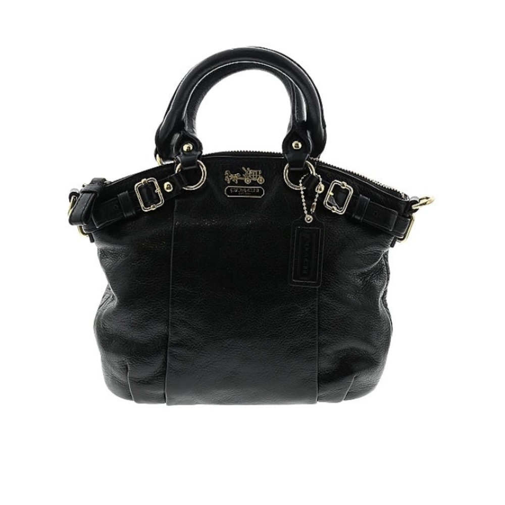 Coach mini leather satchel/crossbody Black with gold hardware and purple lining.